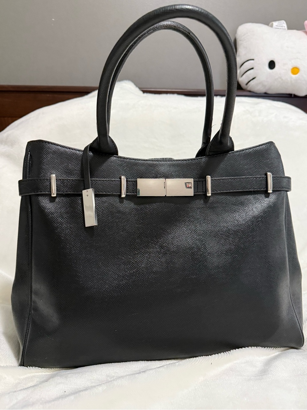 Ivanka Trump Black Structured Leather Satchel with Silver Hardware